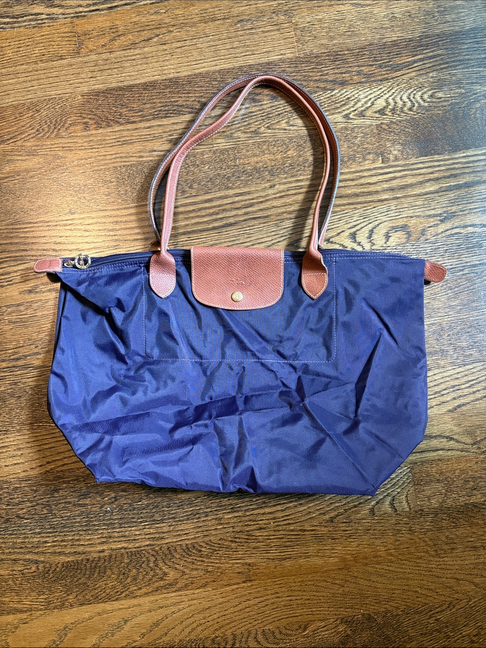 Longchamp Navy Tote with Brown Trim